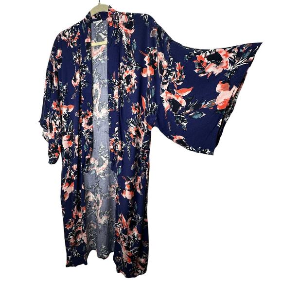 Splendid Navy Orange Ivory Multi Floral Short Sleeve Kimono Duster S - Picture 1 of 15